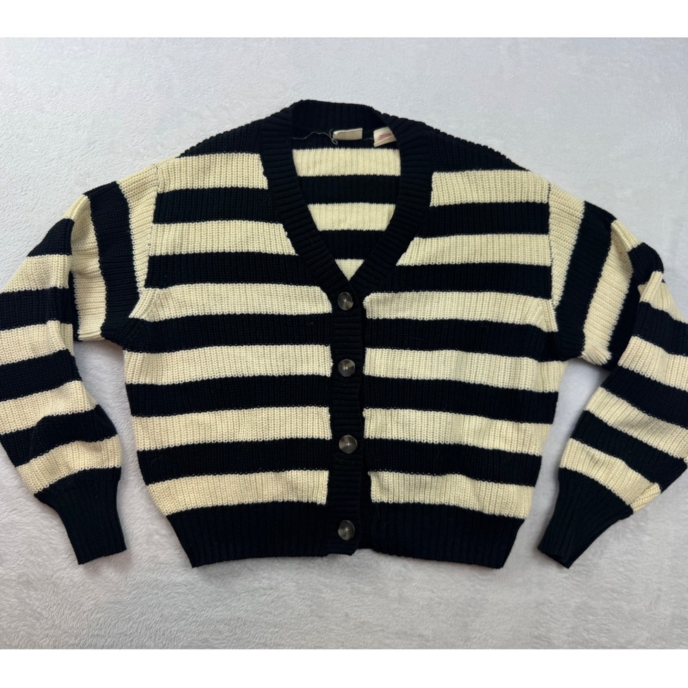 Levis Womens XS Black Cream Striped Cotton Blend Knit Button Front Cardigan